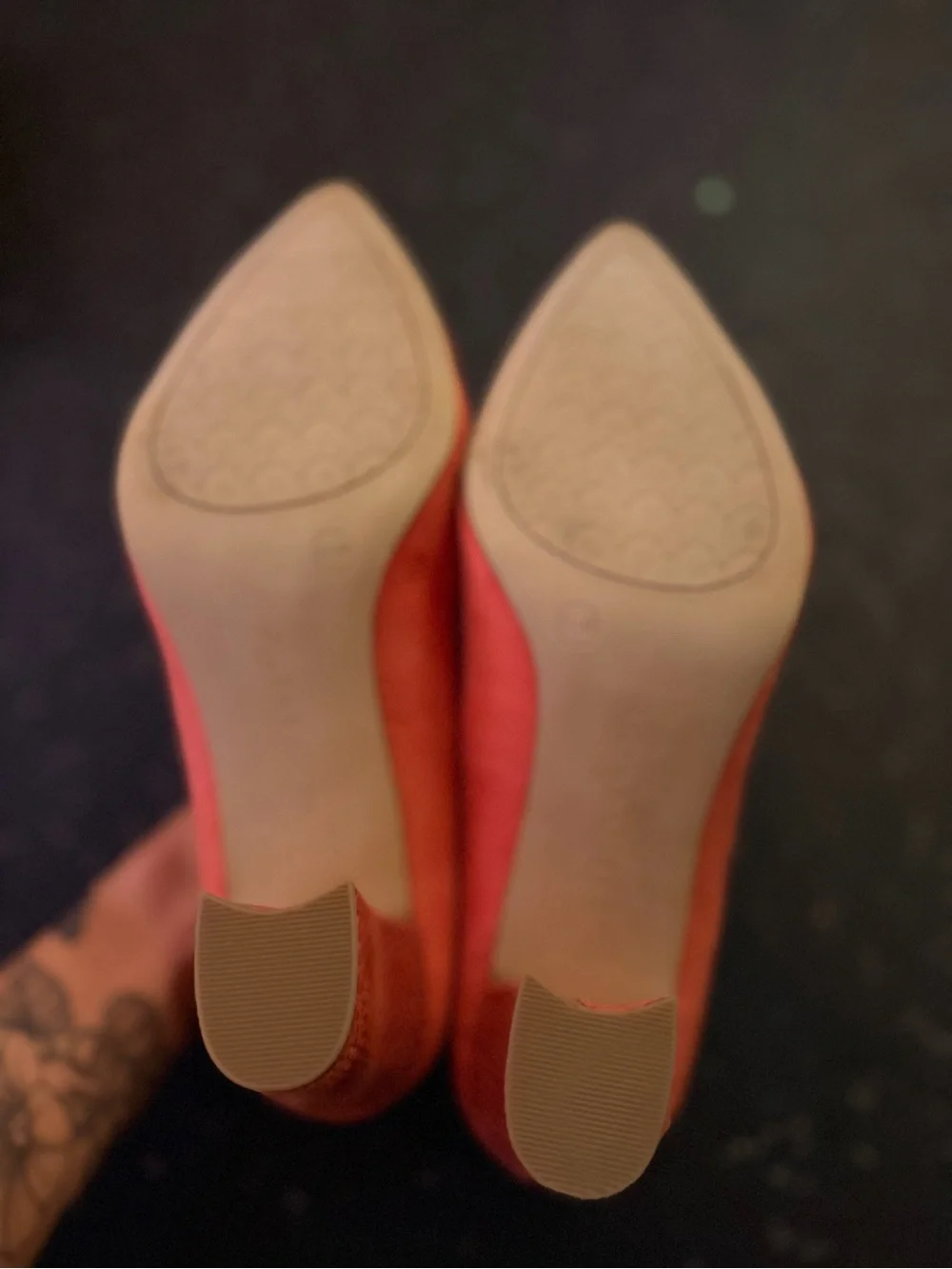 Kelly & Katie Bright Orange Suede Pointed-Toe Block Heels